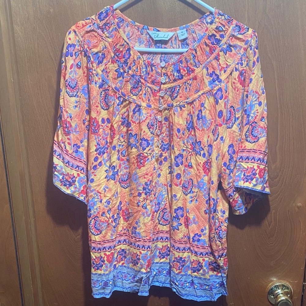 Cafe Marrahish XL Orange and Blue Pleated Floral Blouse